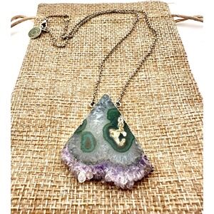 Solar Amethyst Quartz Slice Necklace Handcrafted Pendant Sterling‎ Silver 16"